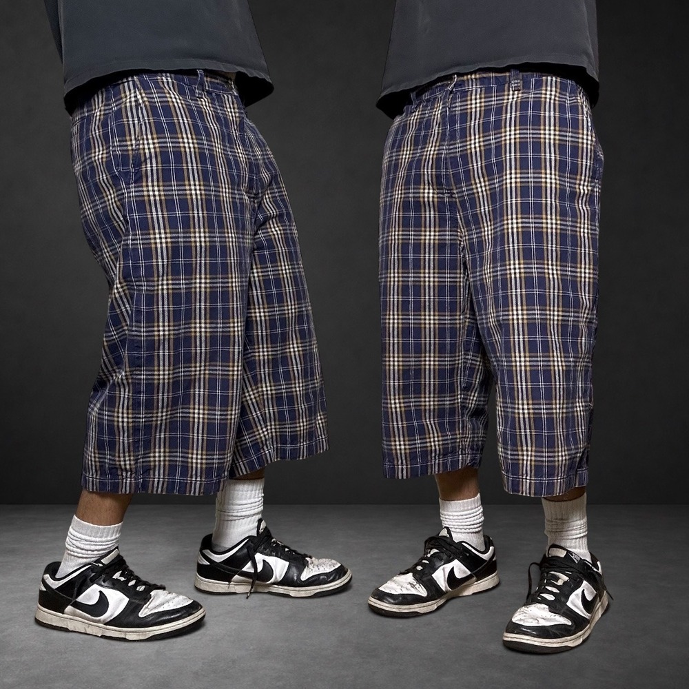 Sean John Plaid Baggy Skater Shorts Navy Blue Tan Y2K Vintage Size 36